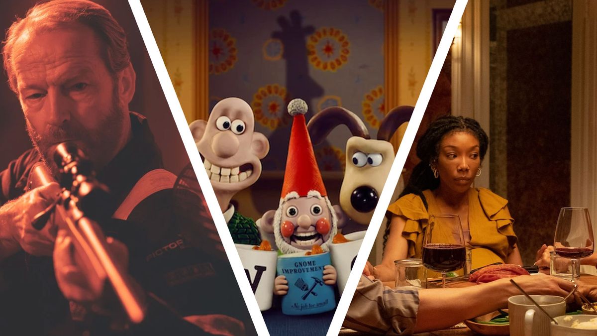 A collage image with Iain Glen holding a gun in the left, Wallace and Gromit between a gnome and Brandy Norwood at a dinner table on the right 