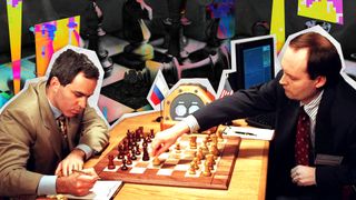 Scrapbook-style collage showing photograph of IBM scientist Murray Campbell (R) making a move for the IBM Deep Blue computer in a game 04 May in New York against World Chess Champion Garry Kasparov (L). The monitor at rear on table relays the computers' moves to Campbell. Kasparov, making a record of the move, won the first game on 03 May and leads the match,1-0. The photo is presented above a punk pop-art image of a chessboard.