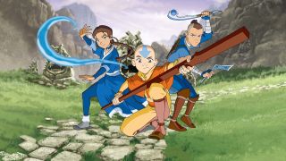 Aang, Katara and Sokka pose with weapons for Avatar: The Last Airbender