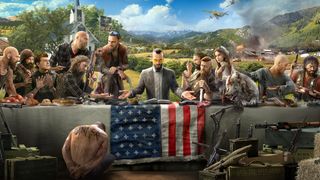 Far Cry 5 antagonists sit at a long table like the portrait of the Last Supper, with Joseph Seed in the middle