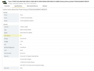 A listing for a RAM kit on Newegg.com shows the CAS latency is 18. Credit: Newegg