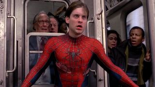 Marvel Timeline: Tobey Maguire as Peter Parker in the movie Spider-Man 2.