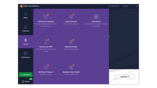 A screenshot of Avast Antivirus Free showing locked privacy tools