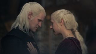 Daemon Targaryen (Matt Smith) and Rhaenyra Targaryen (Emma D'Arcy) embrace in House of the Dragon season 2 episode 2