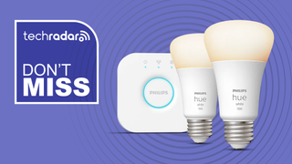 Philips Hue starter kit on purple background with white text reading "TechRadar Don't Miss"