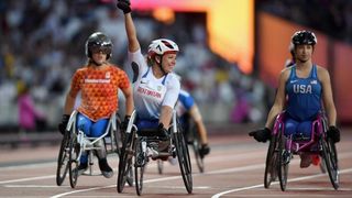 Team GB's Hannah Cockroft celebrating a win at the 2017 Para Athletics World Championships