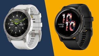 Garmin Epix (Gen 2) and Garmin Venu 2 watches on blue and yellow background