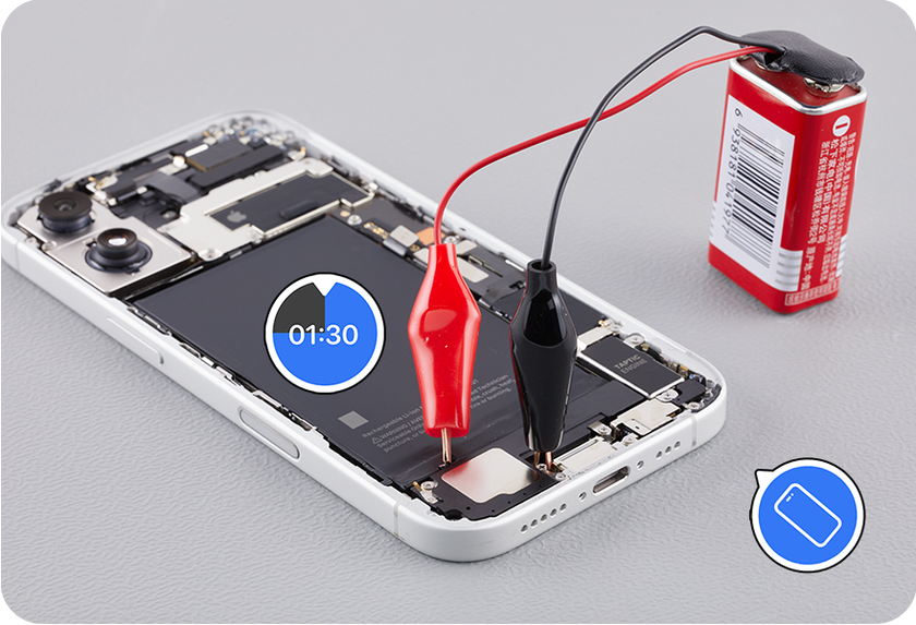 iPhone 16&#039;s demonstration of the battery removal process by debonding the adhesive using a 9V Battery