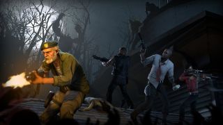 Left 4 Dead screenshot showing Will Overbeak and company shooting off-camera zombies in a dense woodland.