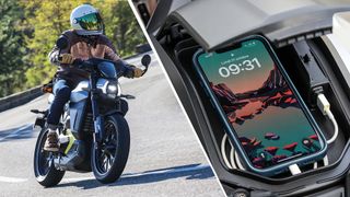 A person riding a Can-Am electric motorbike on a road, next to an iPhone being charged in the bike's storage