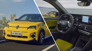 A Renault 5 EV on the road next to a shot of its interior