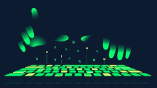 Green glowing hands typing on keyboard 