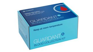 A blue box labeled "Guardant blood collection kit" that contains a blood test