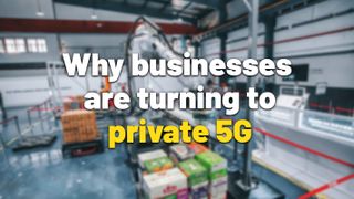 The words ‘Why businesses are turning to private 5G’ with ‘private 5G’ highlighted in yellow and the other words in white, against a blurry photo of a factory floor with a large autonomous robot arm.