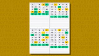 Quordle daily sequence answers for game 772 on a yellow background