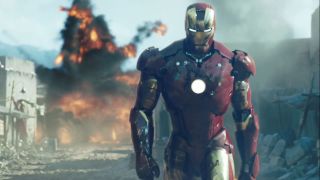 Marvel Timeline: Iron Man walking in front of an explosion during the movie Avengers.