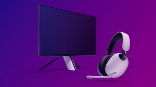 Sony Inzone branded white wireless headset with mic extended and monitor on purple background