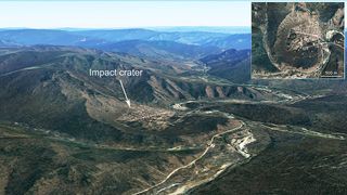 Aerial view of a newly discovered meteor impact crater in northeastern China. The crater has an oval shape.