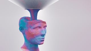 A CGI image of a head made of red and blue sand, representing an AI model, being filled with more sand directly into its head to represent AI model training and hallucinations.