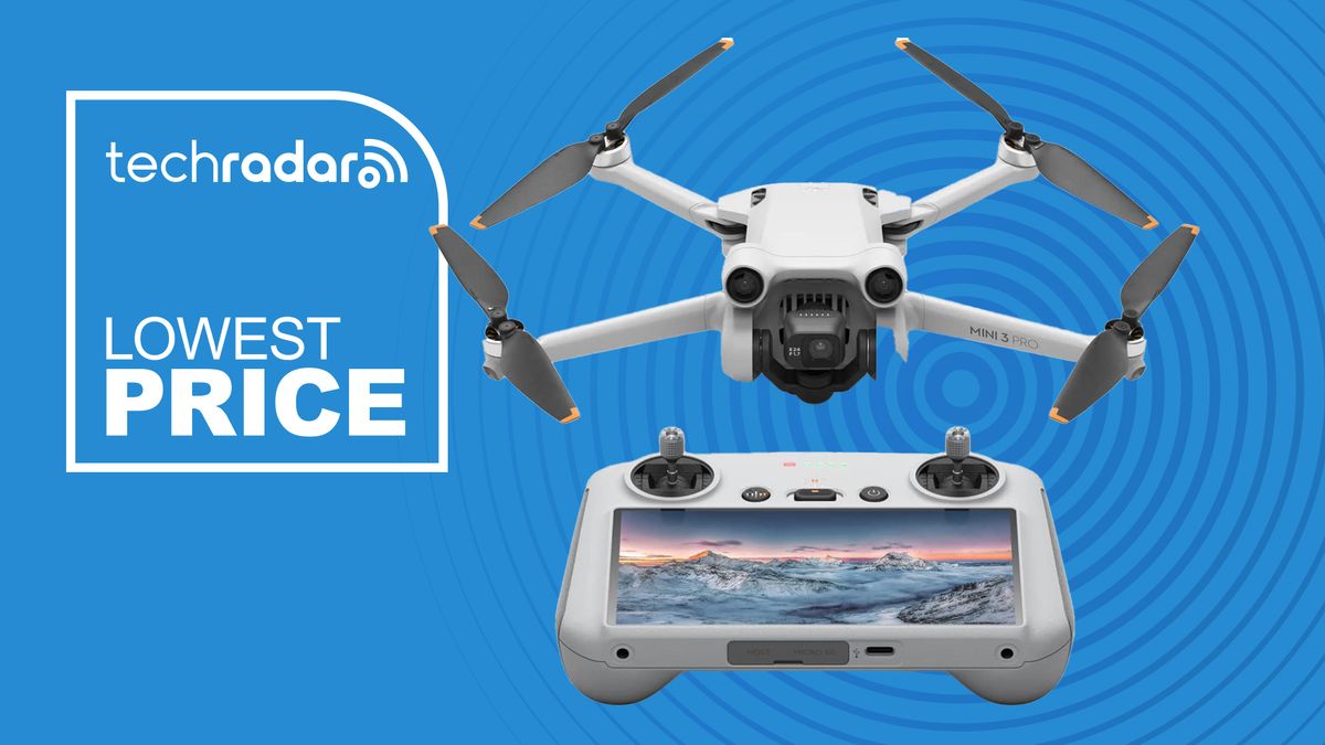 DJI Mini 3 Pro drone and remote controller alongside lowest price graphic