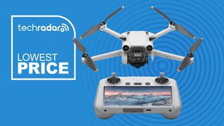 DJI Mini 3 Pro drone and remote controller alongside lowest price graphic