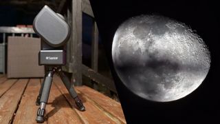 Seestar S50 telescope next to photo of moon 