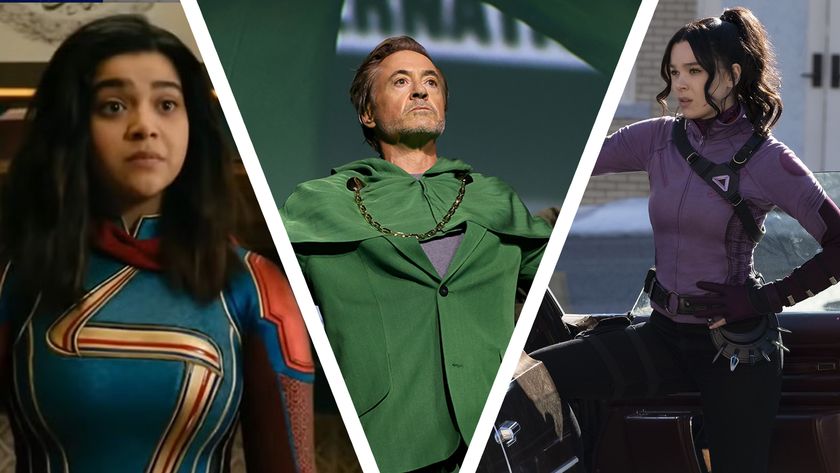 A collage of Iman Vellani&#039;s Kamala Khan in Marvels, Robert Downey Jr as Doctor Doom at Comic Con 2024, and Hailee Steinfeld&#039;s Kate Bishop in Hawkeye