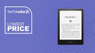 The Amazon Kindle Paperwhite on a purple background with Lowest Price next to it.