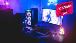 Young gamer playing online platform with neon lights in background