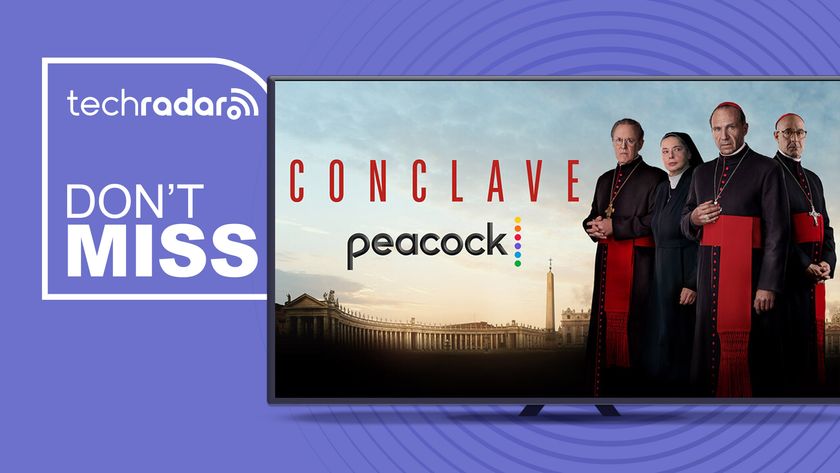 A TV showing the cover art for the movie Conclave next to the words &#039;TechRadar, don&#039;t miss&#039; 