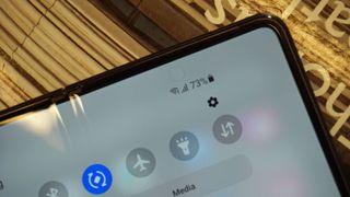 A close-up of the Samsung Galaxy Z Fold 3's screen and under-display camera