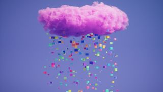 Vibrant abstract image features a pink cloud floating in a dreamy purple sky, with colorful small cubes falling like raindrops from the cloud. Represents imagination and diversity of creative ideas that are constantly raining down from the imagination.