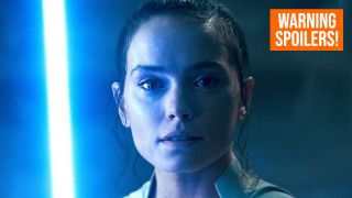 The Star Wars timeline: Daisy Ridley as Rey holding a blue lightsaber.