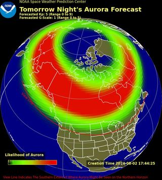 A map of the US showing likely zones where the Northern Lights will be visible on Saturday (Aug 3)