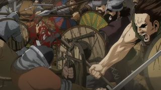 A bloody Viking battle taking place during the Netflix show, Vinland Saga.