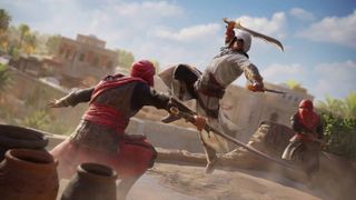 Screenshot from Assassin&#039;s Creed Mirage showing Basim launching into an attack