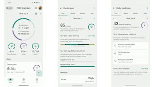 Fitbit app screenshots showing the user's daily readiness and cardio load scores.