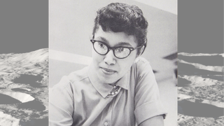 A black and white portrait of mathematician Melba Roy Mouton set over an illustration of the crater-pocked lunar mountain Mons Mouton.