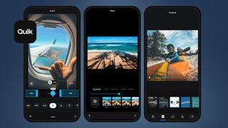 Three phone screens showing the GoPro Quik app