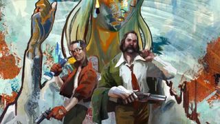 To bevæbnede mænd foran en tegnet kvinde i stort format i Disco Elysium