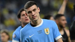 Uruguay's midfielder #05 Manuel Ugarte celebrates ahead of the Uruguay vs Colombia live stream for the Copa America 2024 semi-final