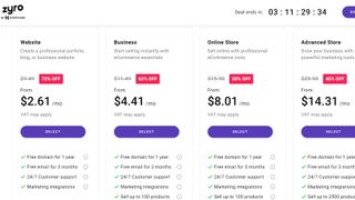 A screenshot of Zyro's website builder plans with pricing