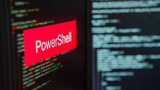 Two screens showing computer code with a red box displaying the word 'PowerShell'