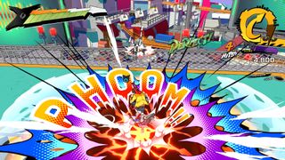 Hi-Fi Rush screenshot of Chai battling an enemy as a comic book-style combat bubble reading PHOOM explodes across the screen.