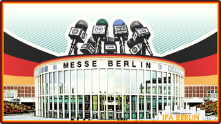 Photo illustration showing Messe Berlin building acting as a lectern or podium with a press microphone cluster on top. The image is style in half-tone print with muted colors and there is a Laptop special issue badge in the bottom right corner indicating coverage of IFA Berlin 2024.