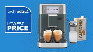 KitchenAid KF8 espresso machine on blue background with text reading "TechRadar Lowest Price"