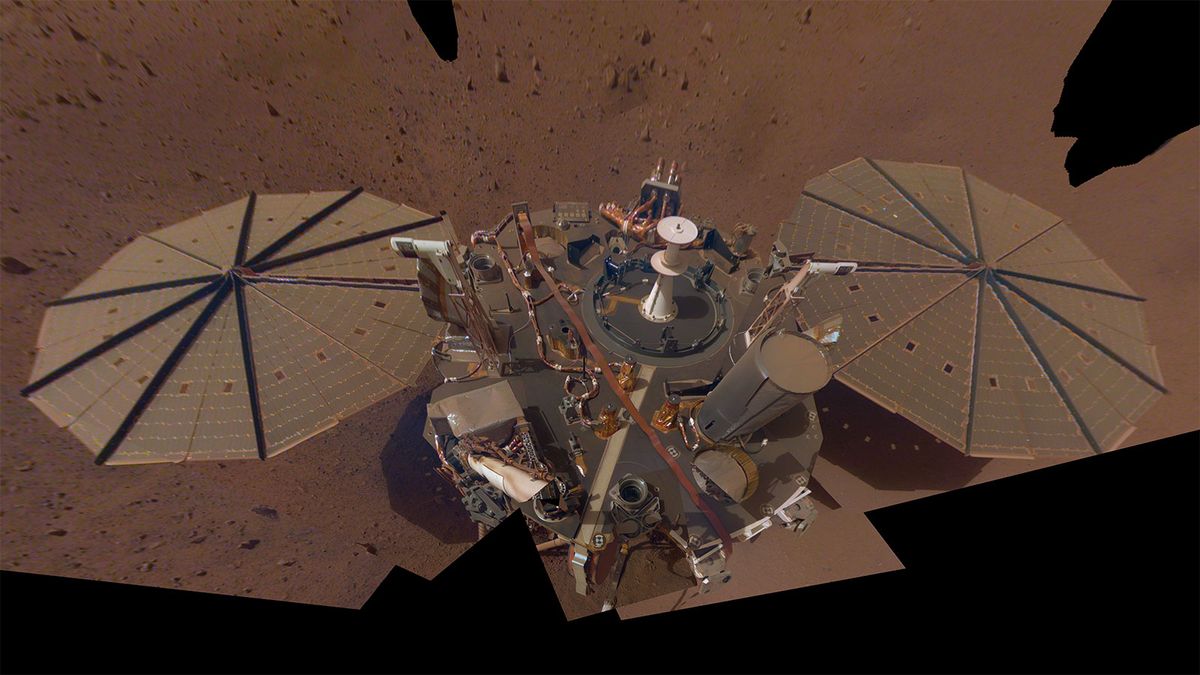 This image, the second selfie captured by NASA&#039;s InSight lander on the surface of Mars, is a mosaic of 14 photos taken between March 15 and April 11, 2019.