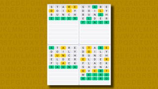 Quordle daily sequence answers for game 862 on a yellow background