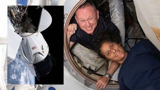 An image of a white spacecraft over a blue portion of earth, seen through a curved window, is superimposed over a photo of two astronauts floating in a space station hatch on the right, both smiling.