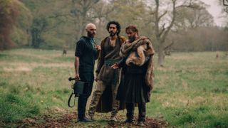 David Lowery, Dev Patel and Joel Edgerton on the set of The Green Knight